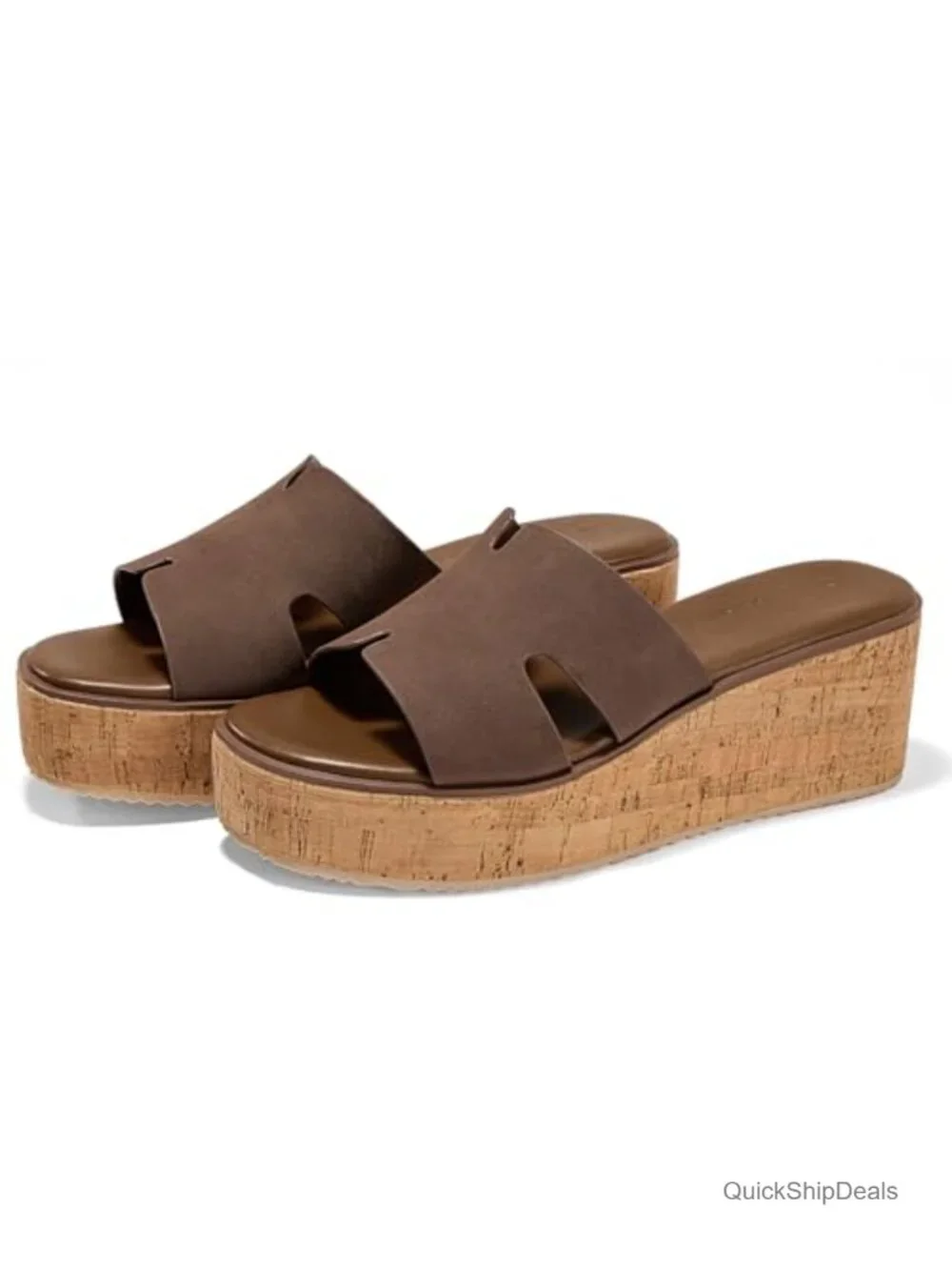 Faux Suede Cork Platform Wedge Sandals Memory Foam Slip On Slides